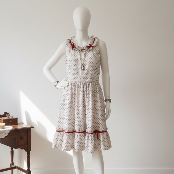 Vintage Coquette Prairie Doll Dress // Red Rosebud Ruffle Sun Dress - Size Small - Picture 3 of 12